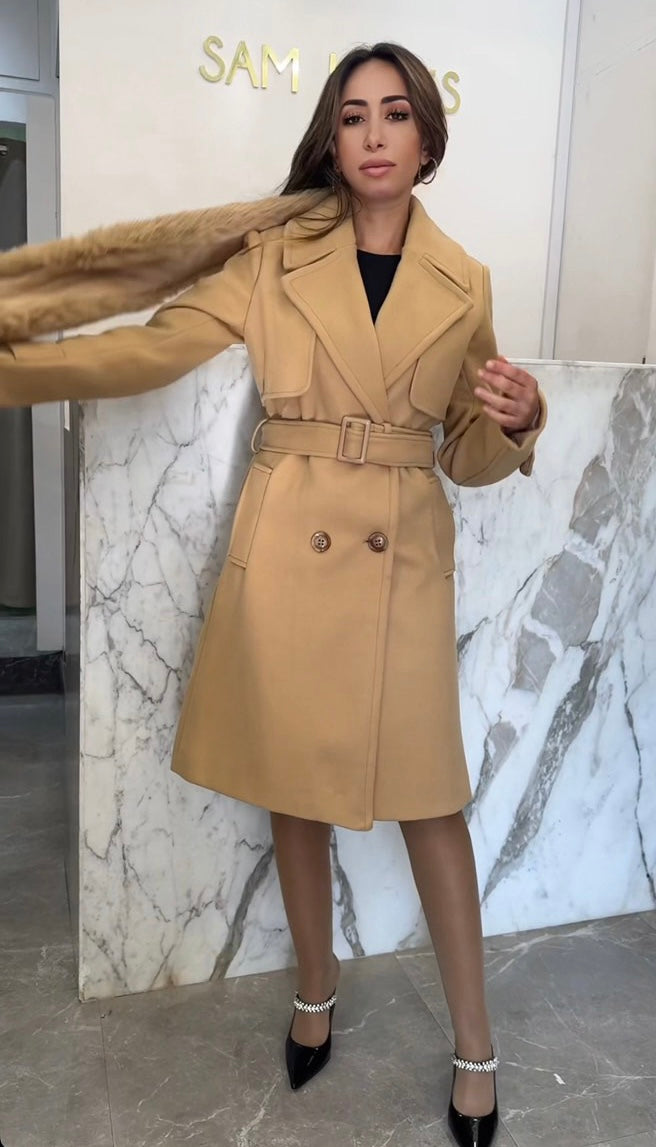 Manteau camel col fourrure amovible