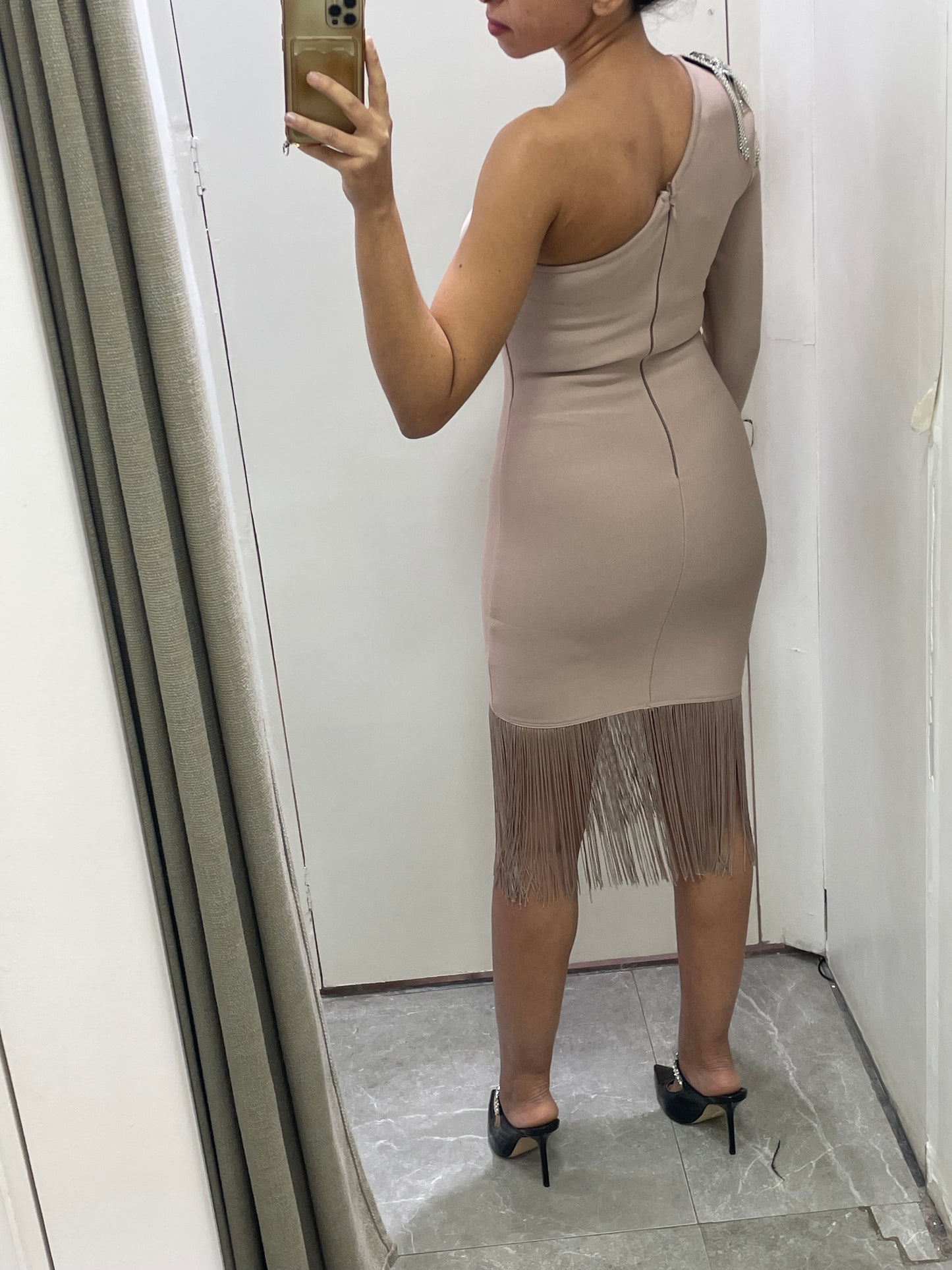 robe soirée bandage beige une manche