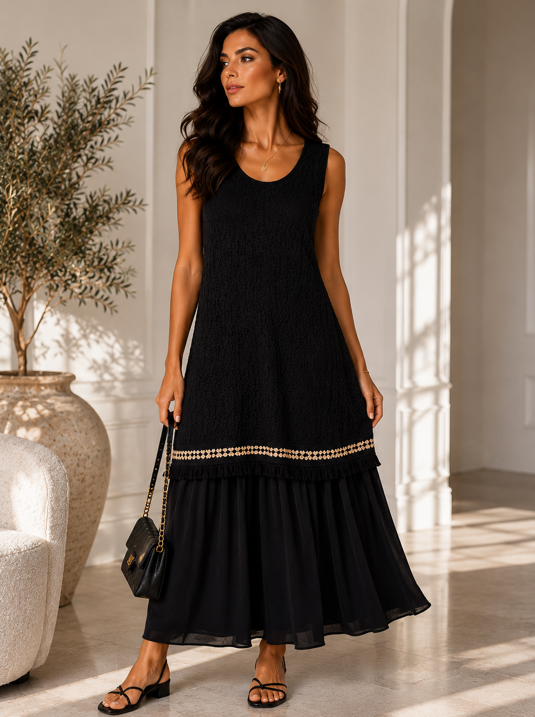 Robe longue ss manches frappée bi- matière froufrou