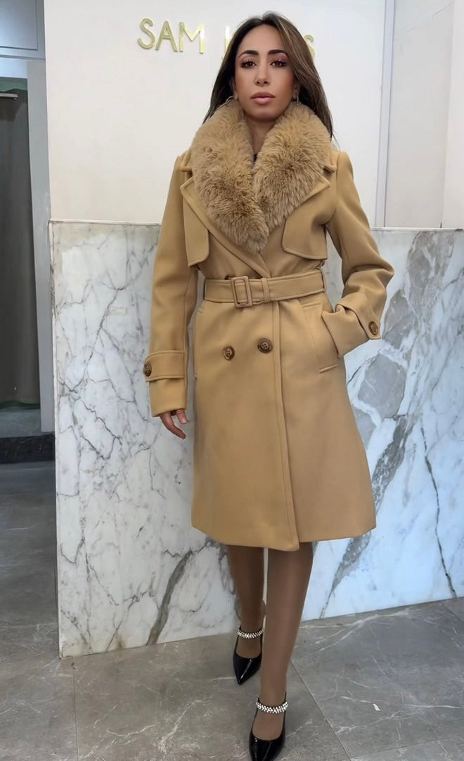 Manteau camel col fourrure amovible