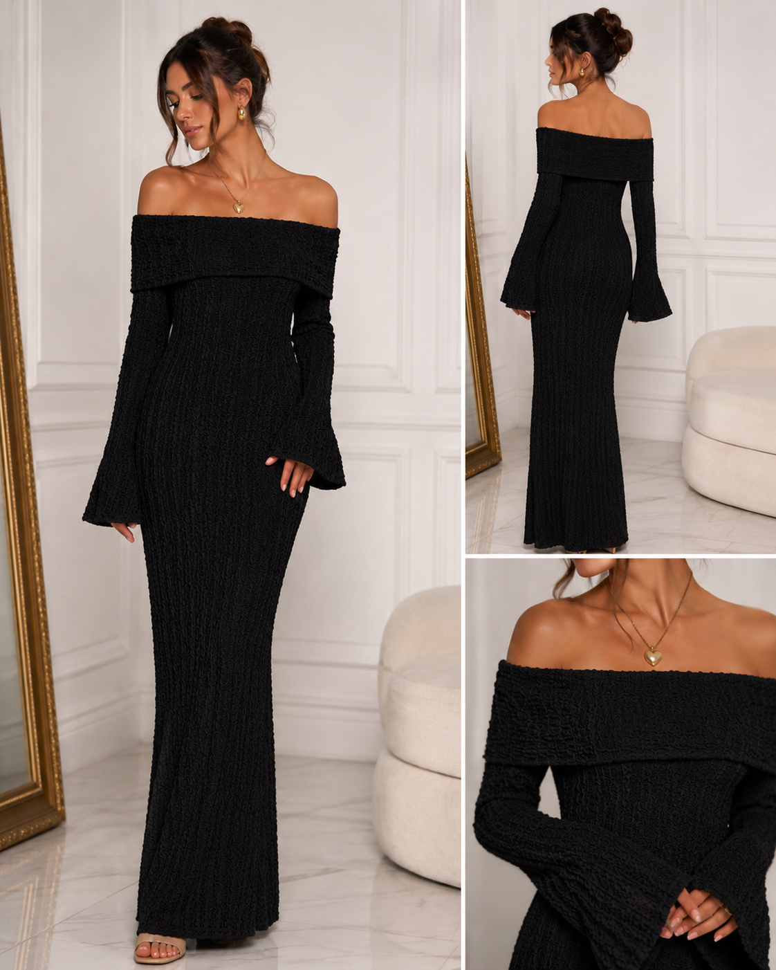 Robe dentelle manches longues épaules dénudées