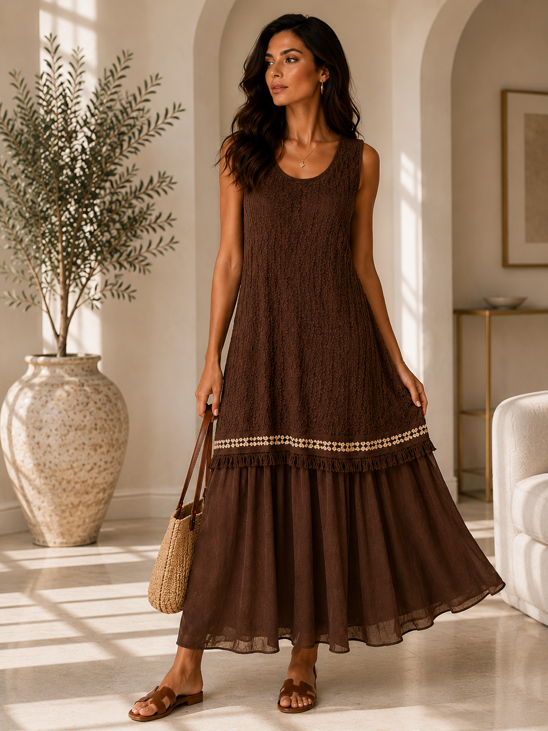 Robe longue ss manches frappée bi- matière froufrou