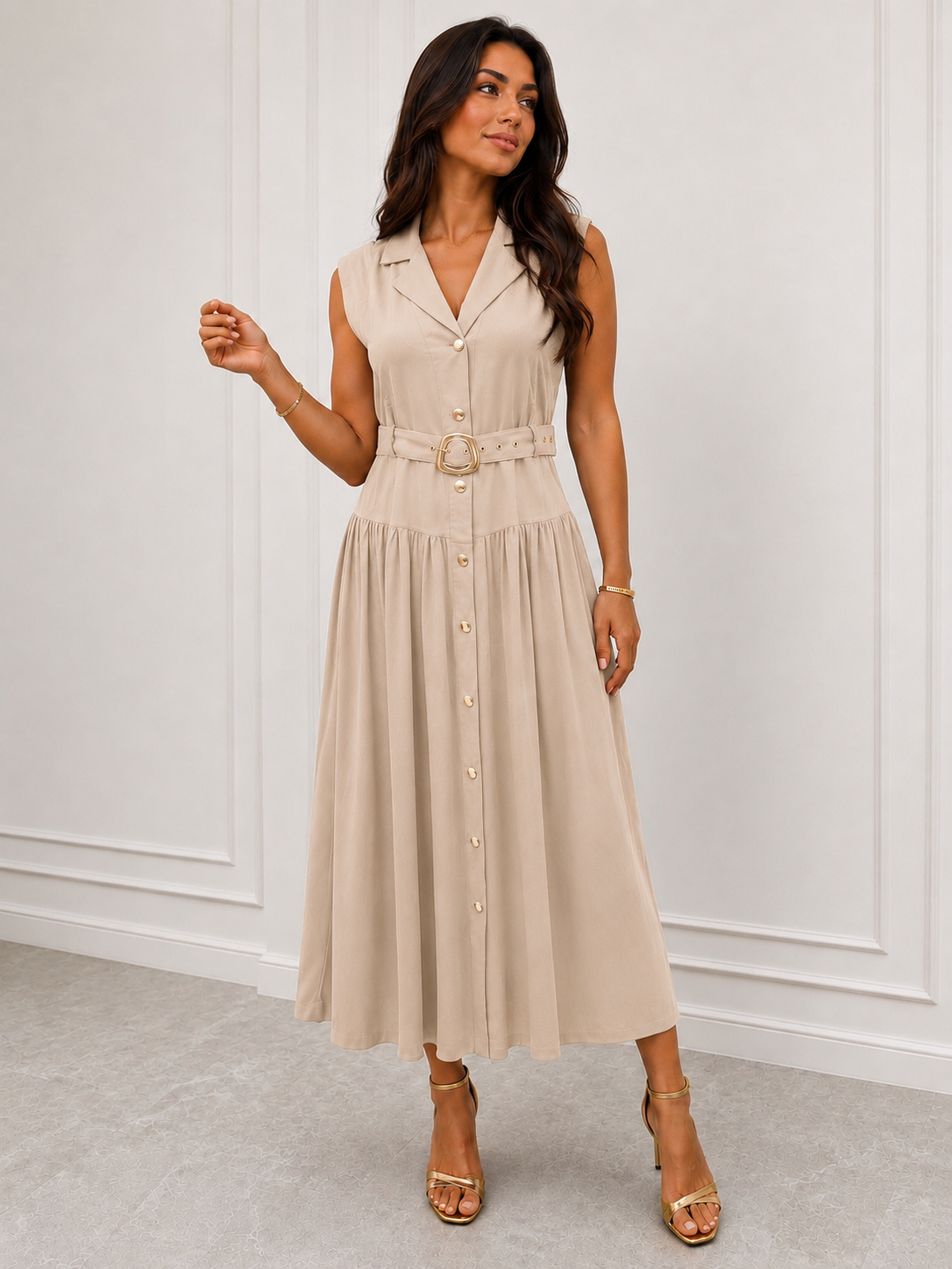 Robe sans manches boutons ceinture