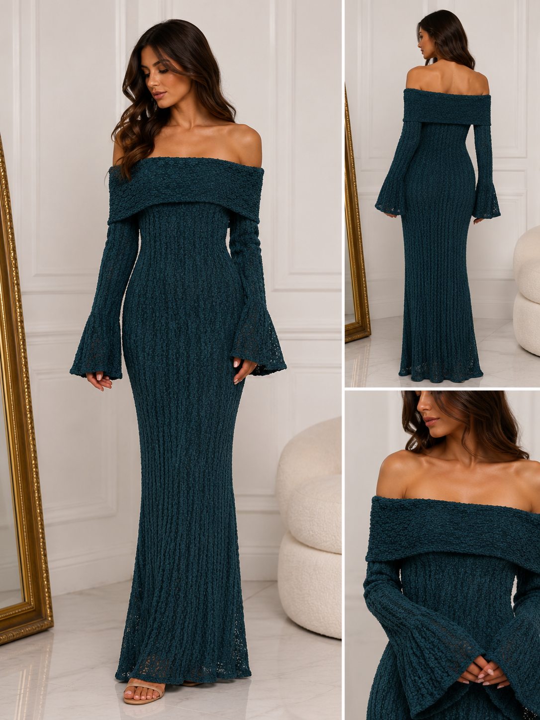 Robe dentelle manches longues épaules dénudées