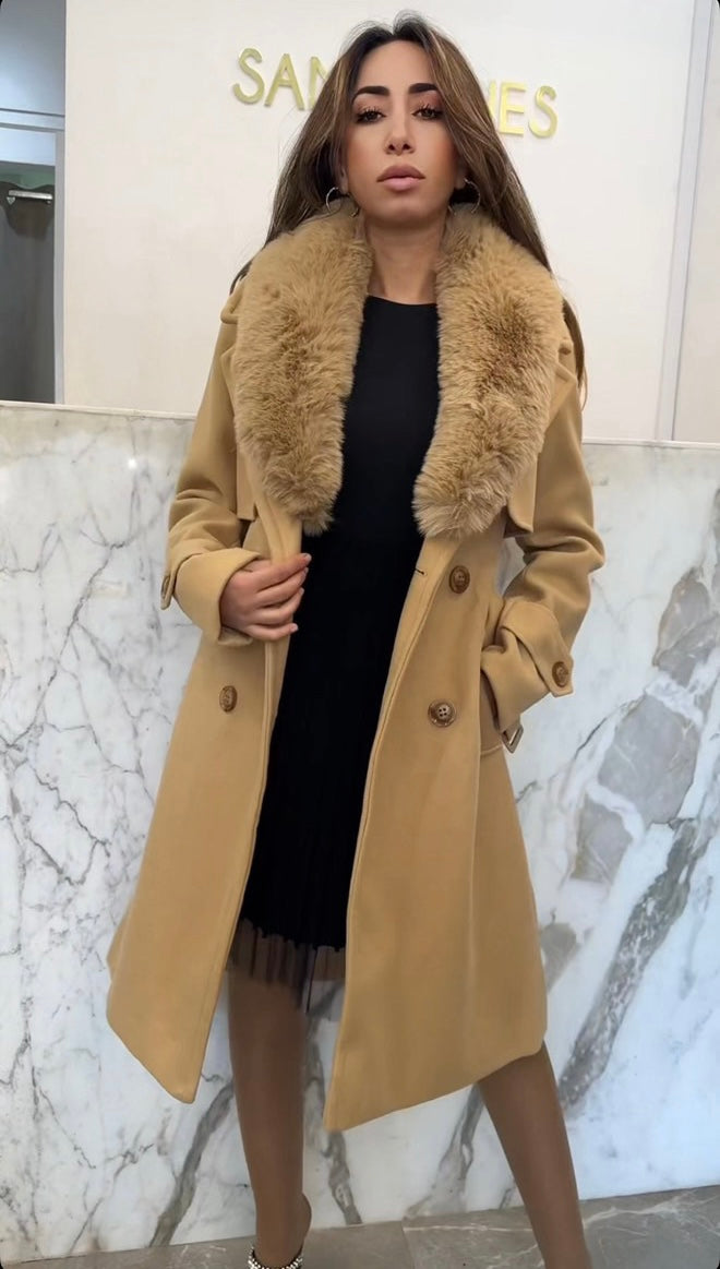 Manteau camel col fourrure amovible