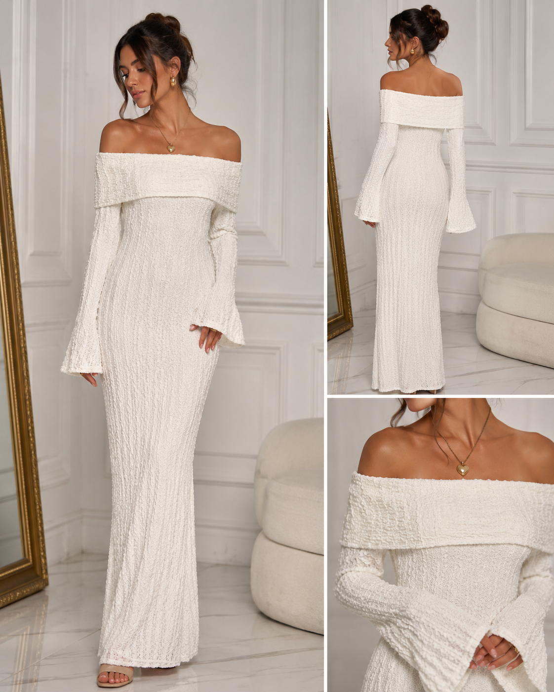 Robe dentelle manches longues épaules dénudées