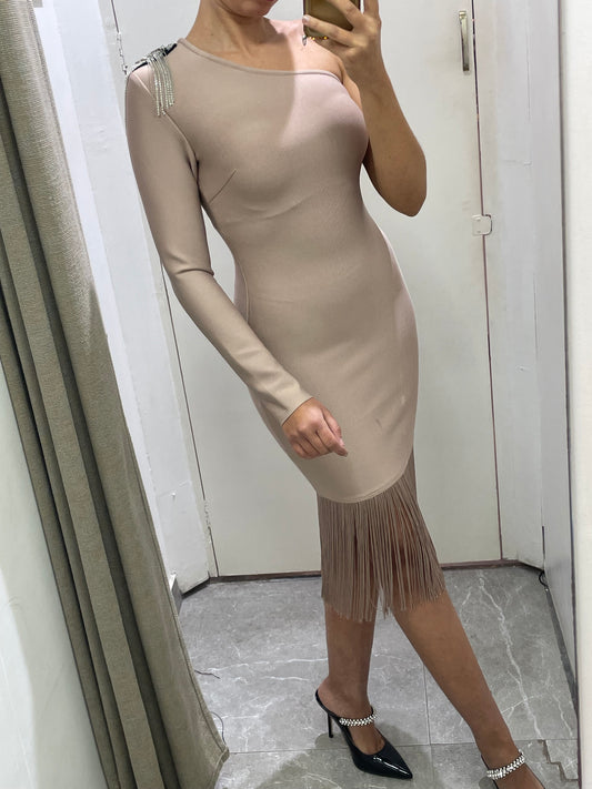 robe soirée bandage beige une manche