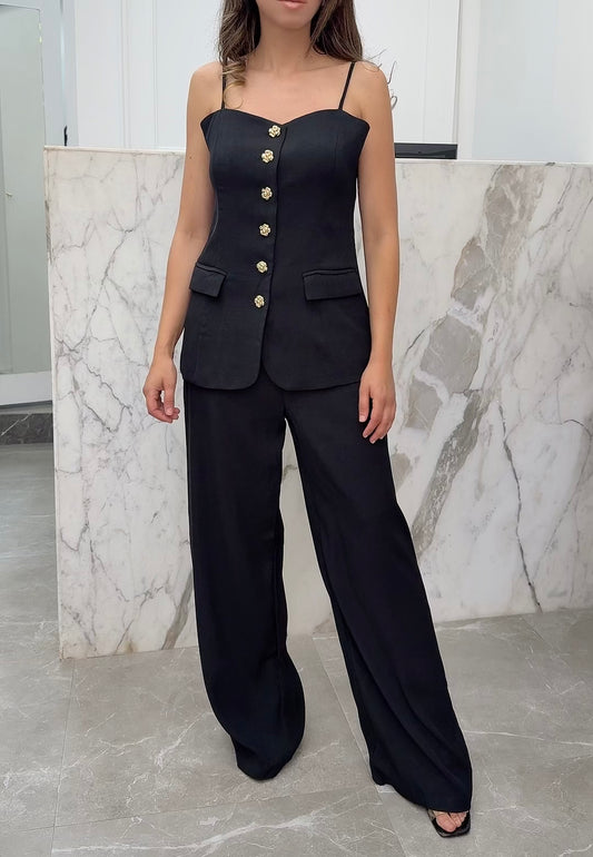 Ensemble bretelles boutons dorées noir