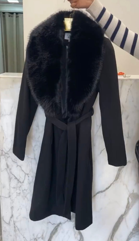 Manteau long col fourrure amovible