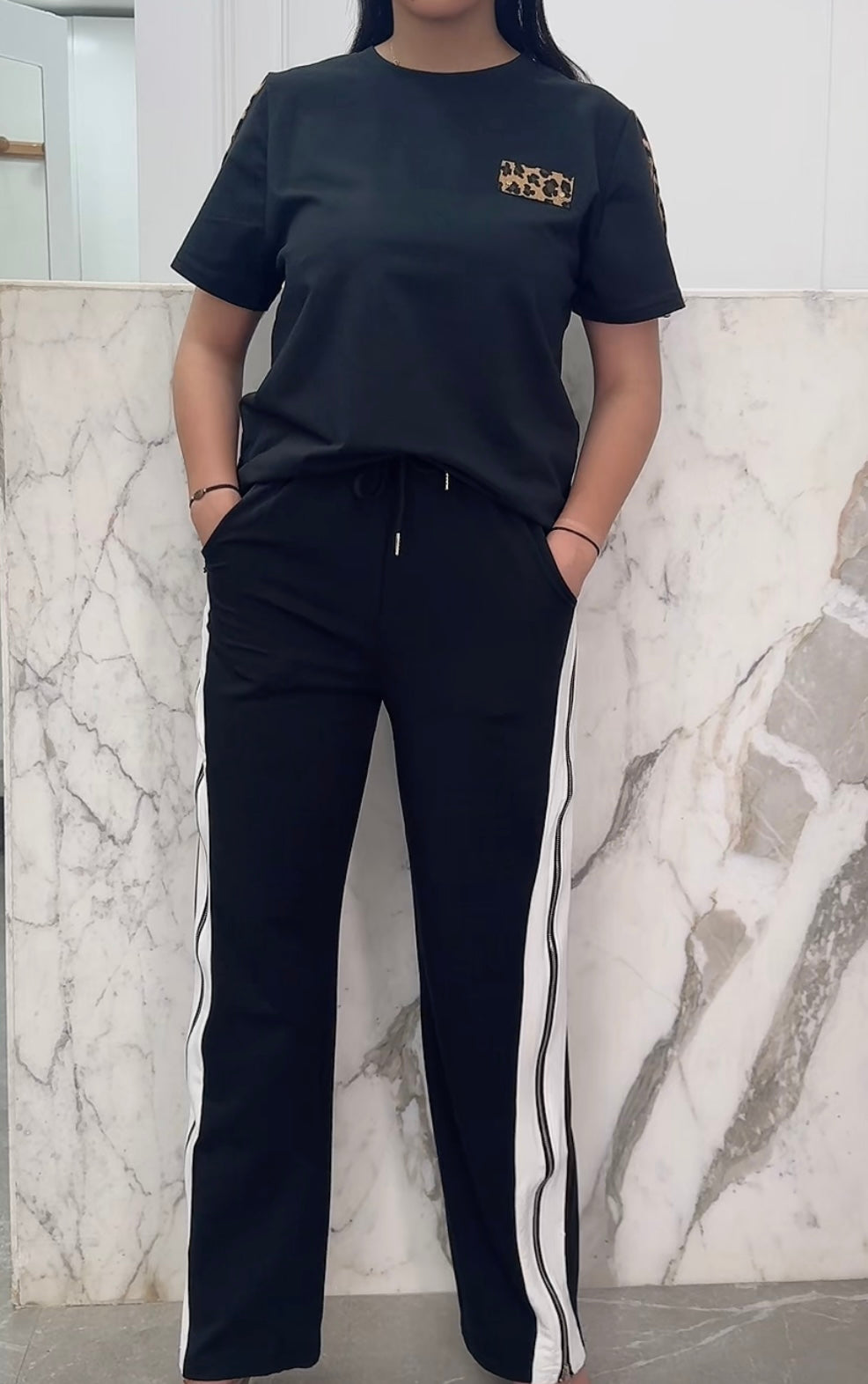 ensemble bi matière noir léopard