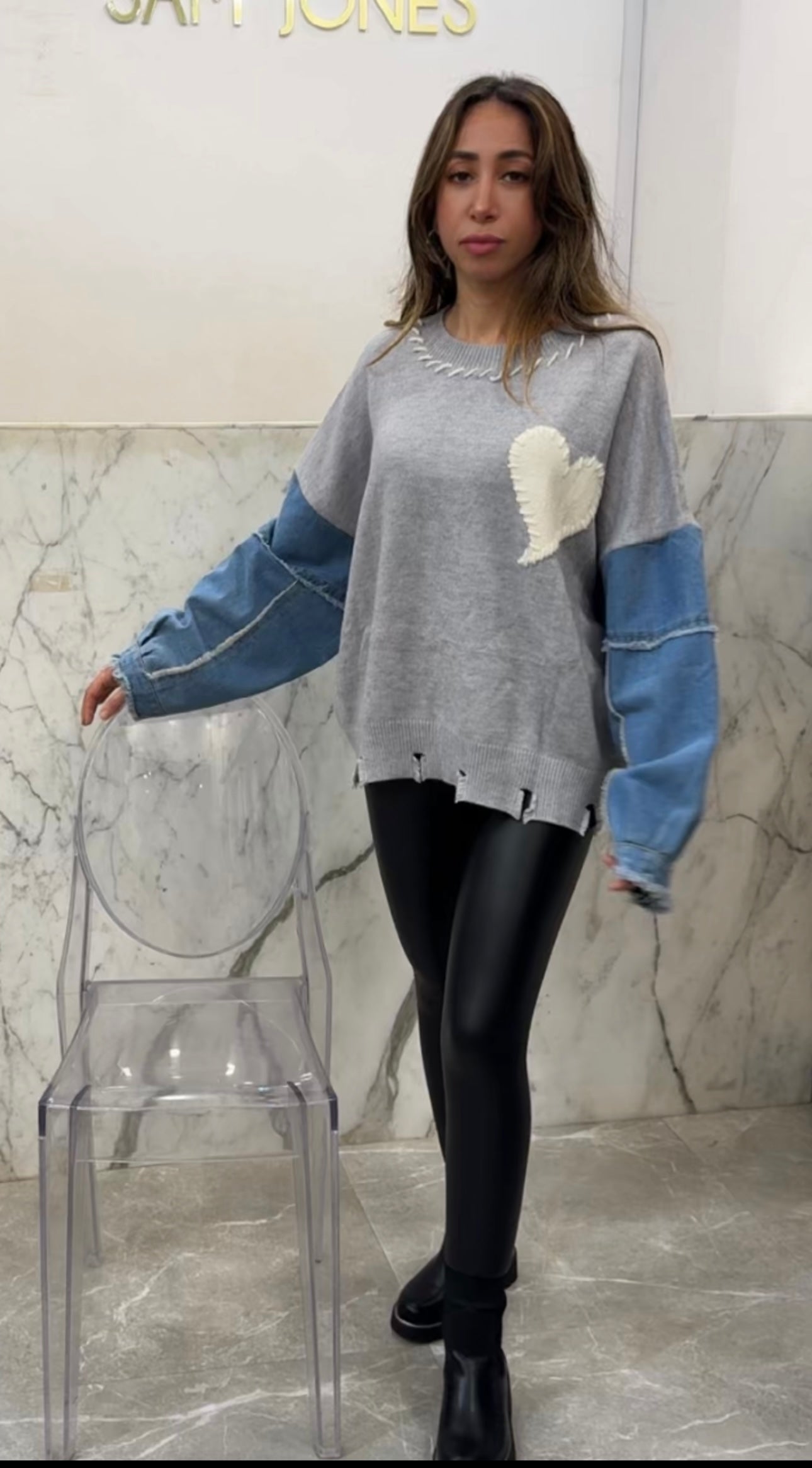 Pull bi-matière manches jean