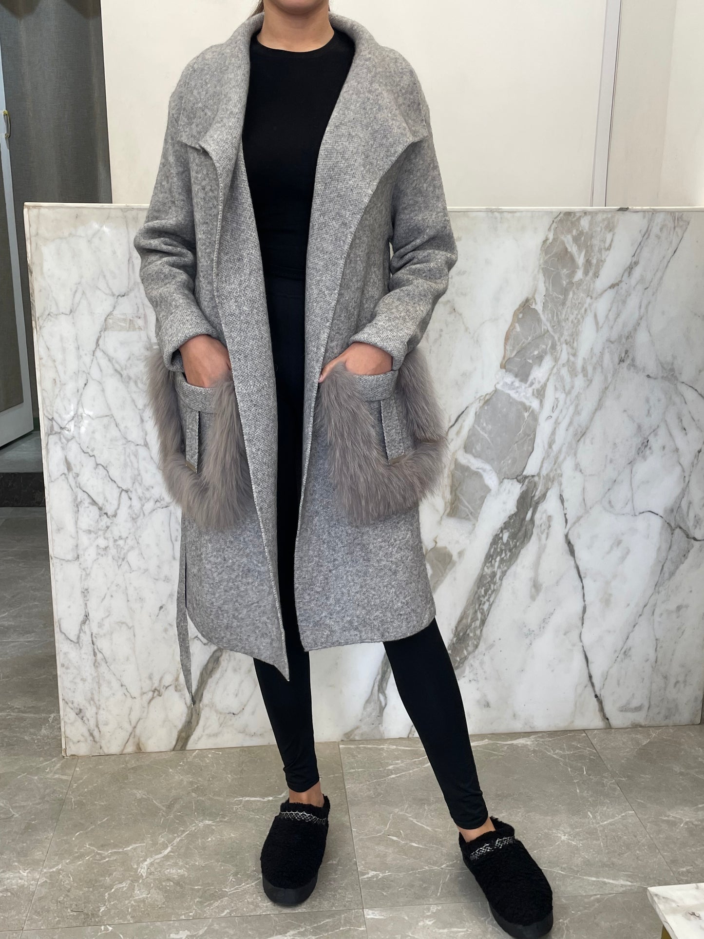 Manteau long habillé laine et cachemire poches renard