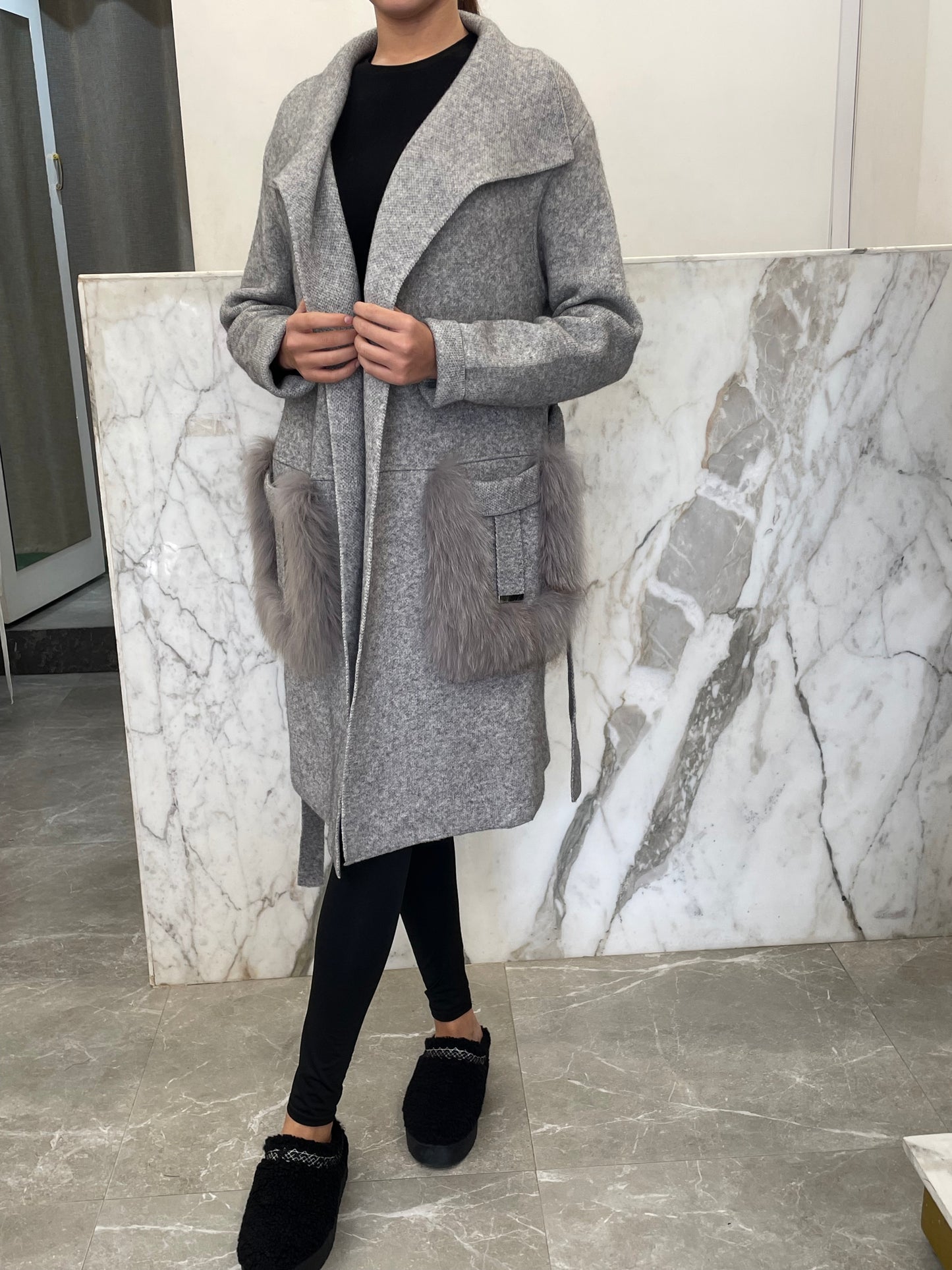 Manteau long habillé laine et cachemire poches renard