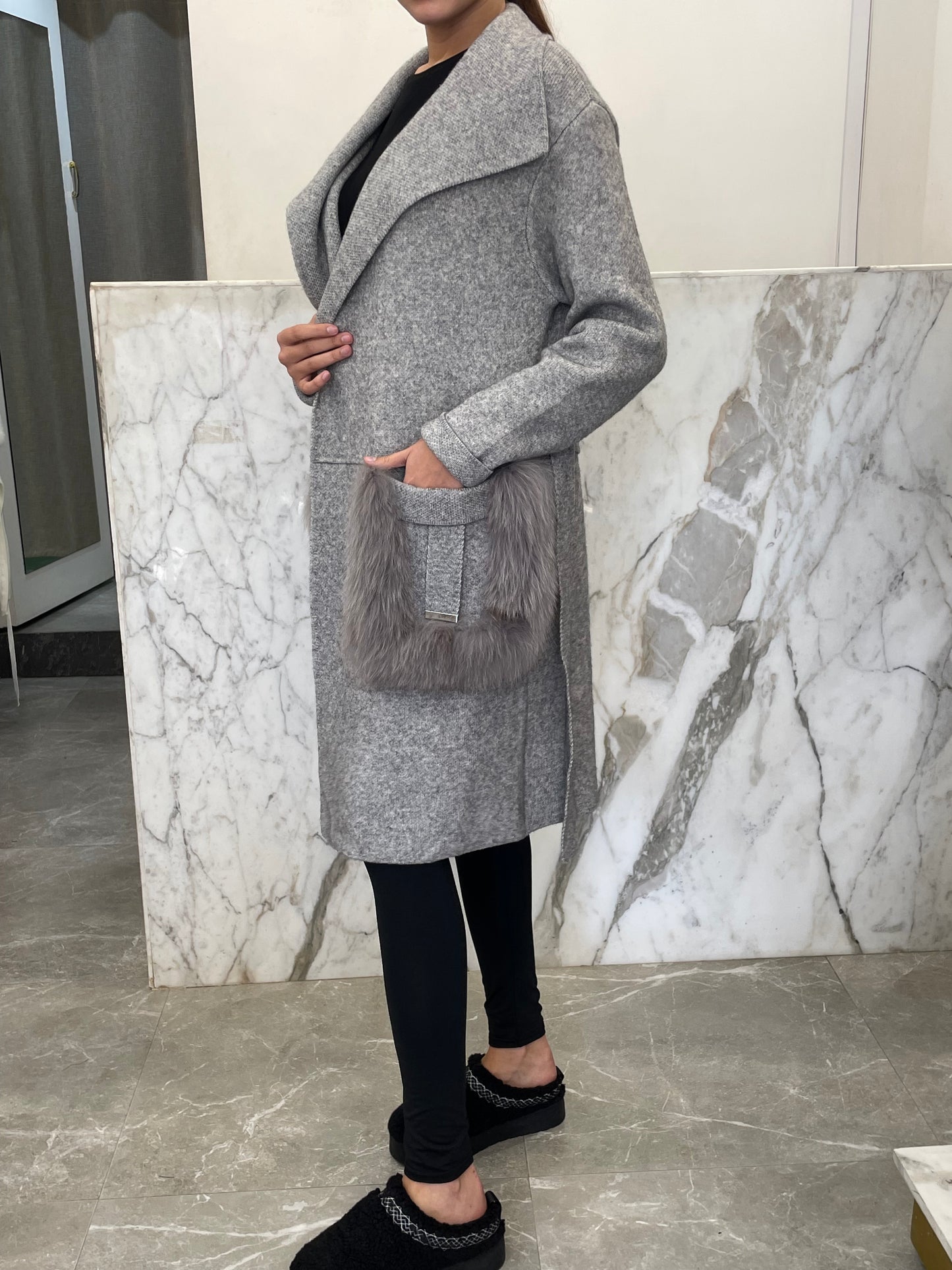Manteau long habillé laine et cachemire poches renard
