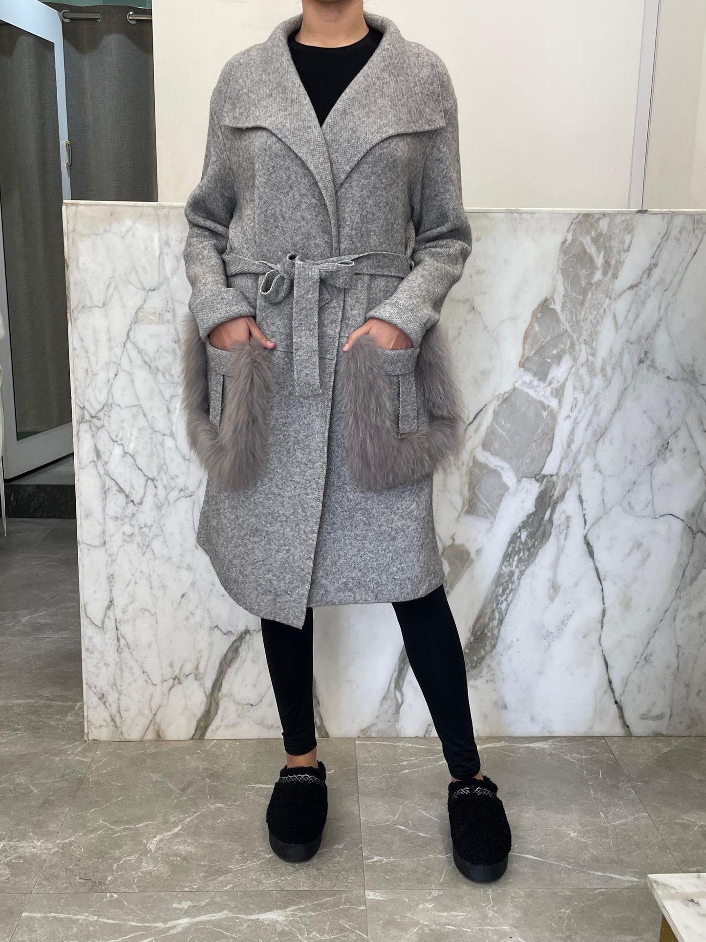 Manteau long habillé laine et cachemire poches renard