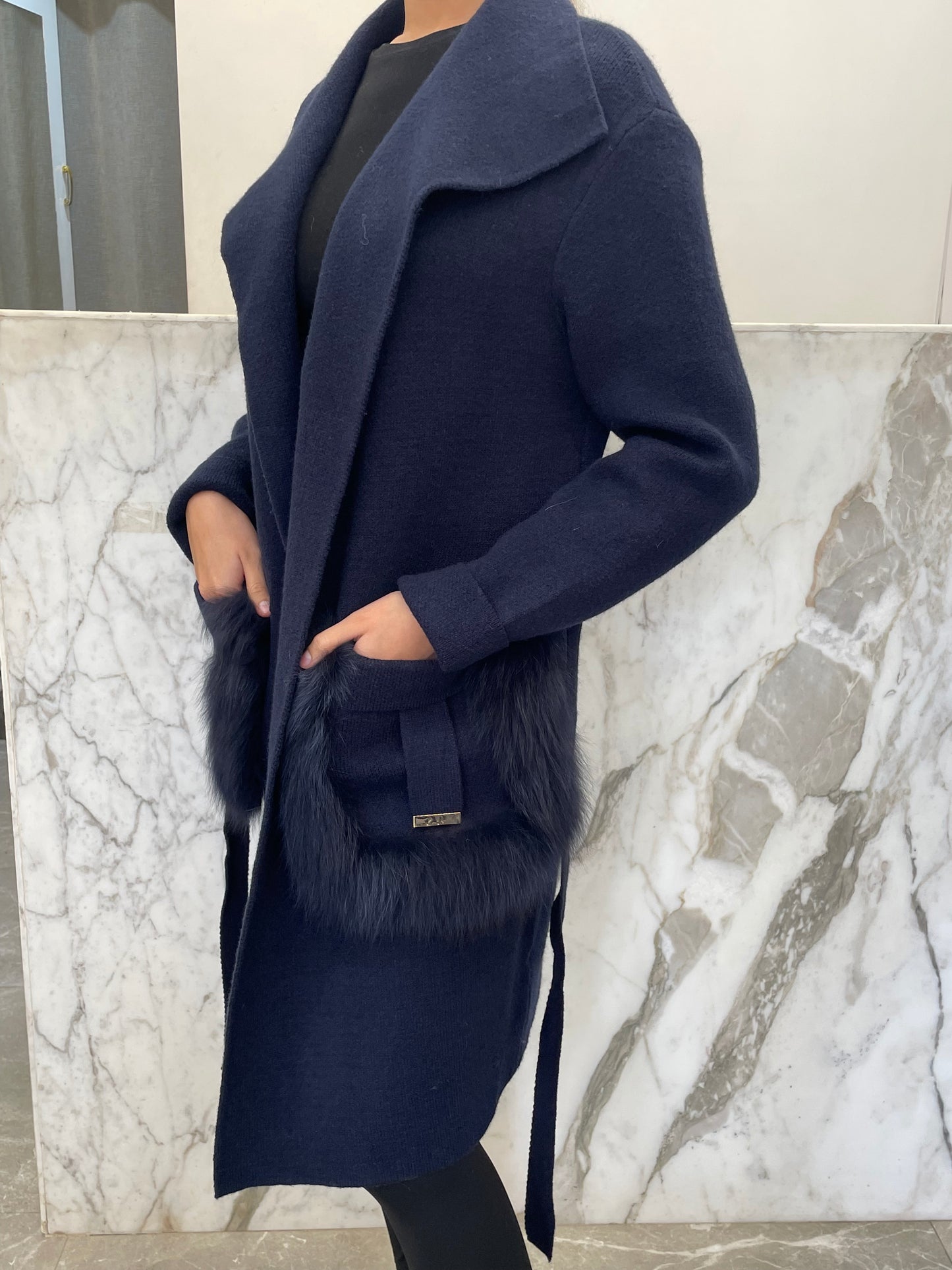 Manteau long habillé laine et cachemire poches renard