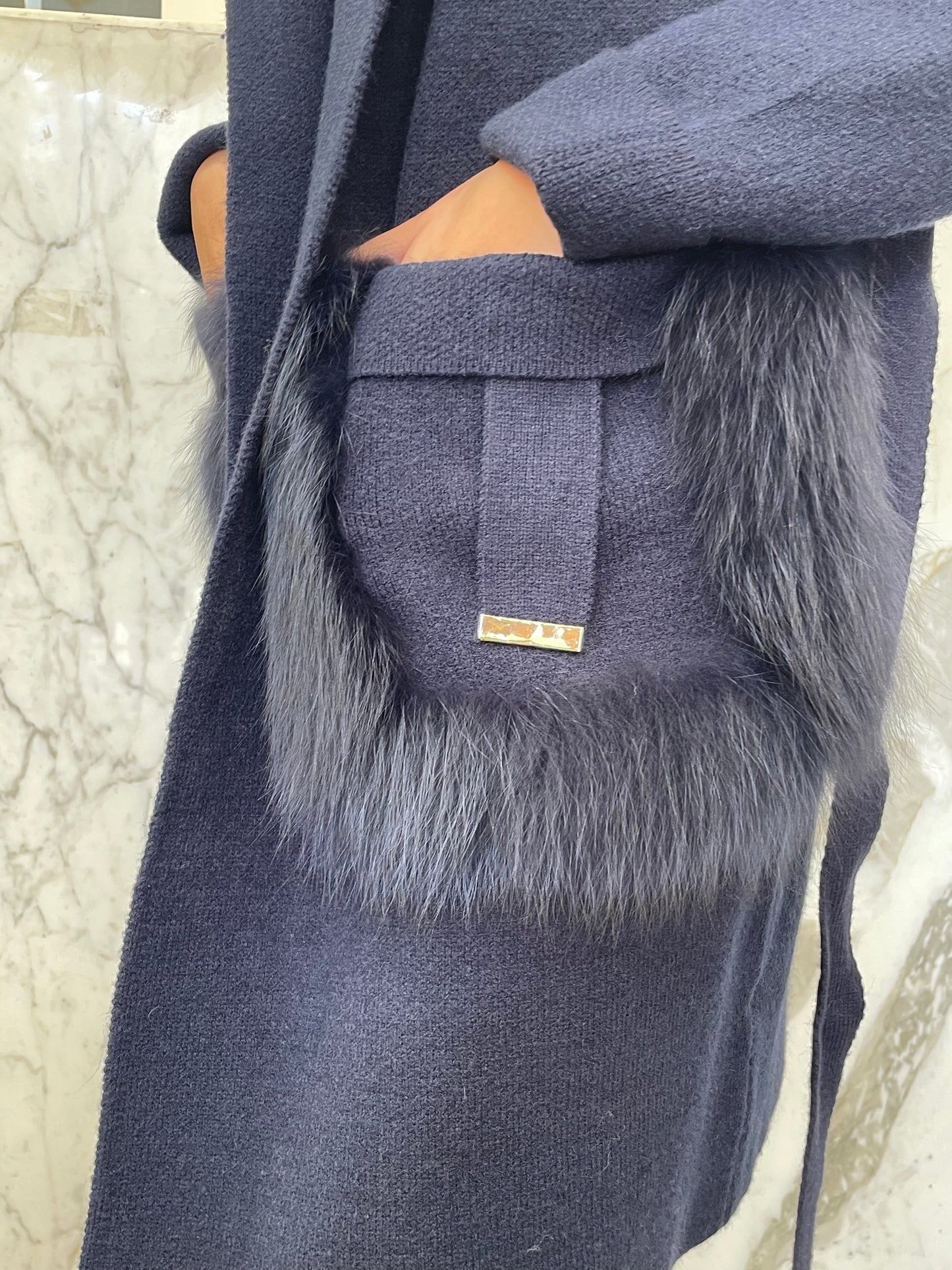 Manteau long habillé laine et cachemire poches renard