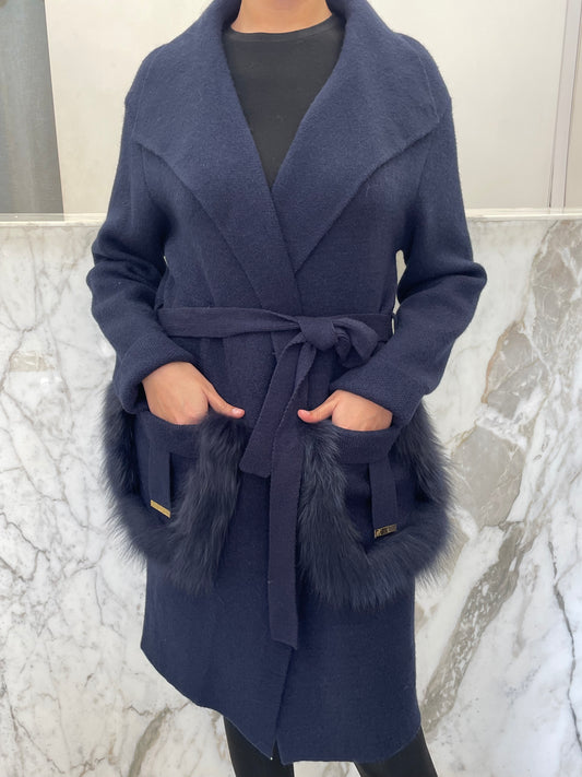 Manteau long habillé laine et cachemire poches renard