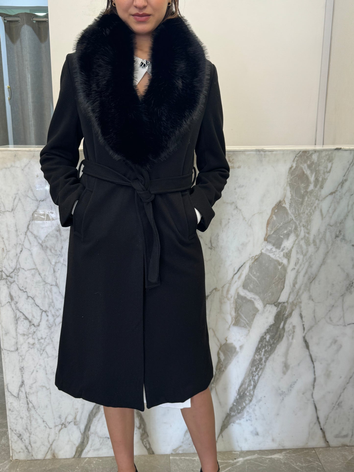 Manteau long col fourrure amovible