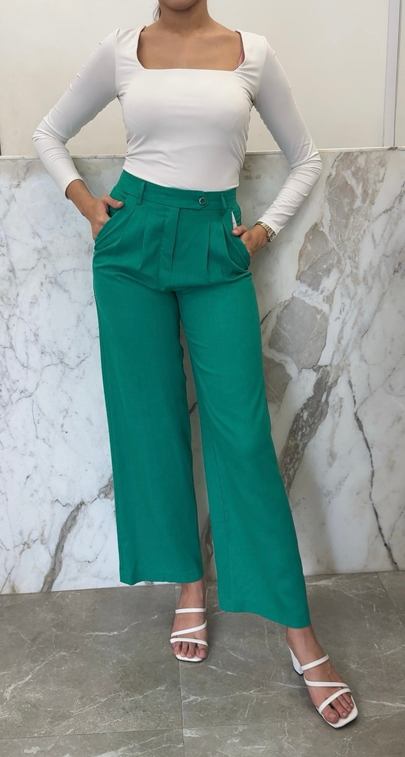 pantalon lin taille haute vert